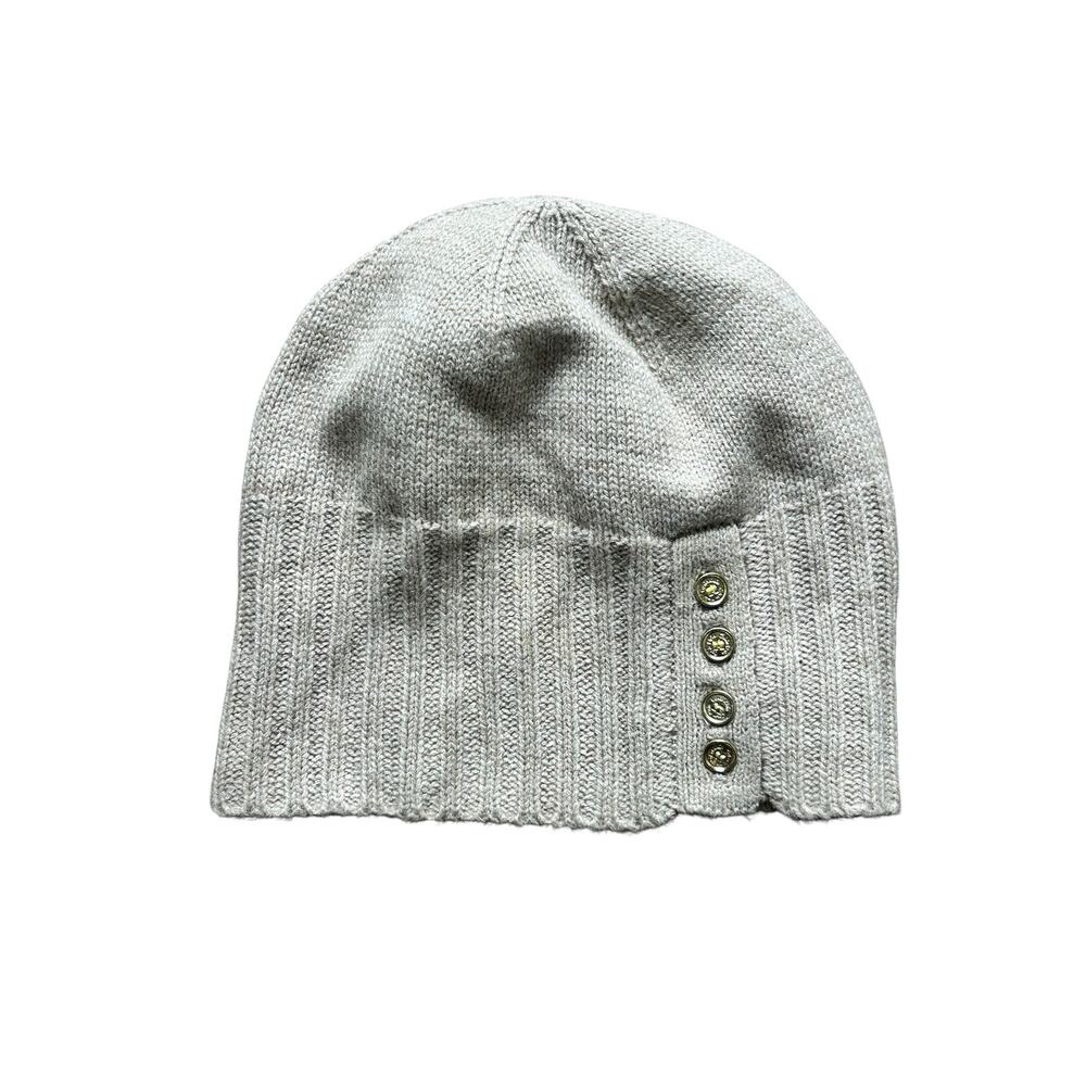 Calvin Klein Oatmeal Beige Knit Beanie Gold Button Detail Winter Hat